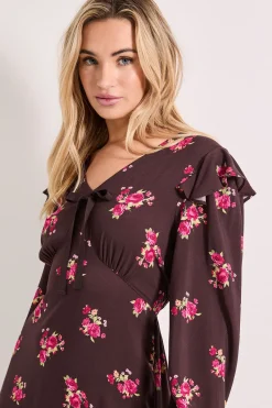 Dorothy Perkins Robe Midaxi Imprimée Chocolat à Motifs Ditsy avec Détail Nœud Contrastant et Volants<Femme Looks Chocolat|Robes À Manches Longues