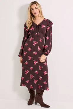Dorothy Perkins Robe Midaxi Imprimée Chocolat à Motifs Ditsy avec Détail Nœud Contrastant et Volants<Femme Looks Chocolat|Robes À Manches Longues