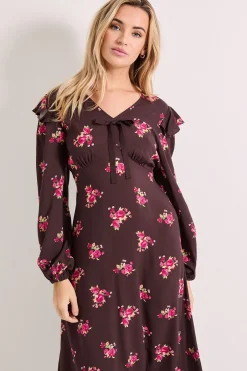 Dorothy Perkins Robe Midaxi Imprimée Chocolat à Motifs Ditsy avec Détail Nœud Contrastant et Volants<Femme Looks Chocolat|Robes À Manches Longues