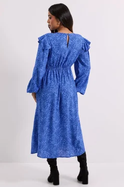 Robe Midaxi Imprimée Petite Taille Bleue à Détail Nœud Contrastant et Volants Motif Animal