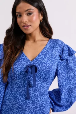 Robe Midaxi Imprimée Petite Taille Bleue à Détail Nœud Contrastant et Volants Motif Animal