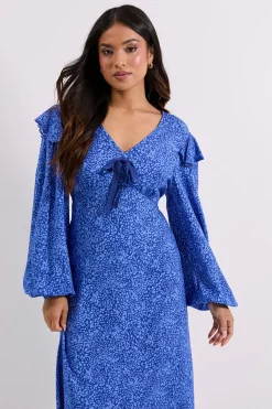 Robe Midaxi Imprimée Petite Taille Bleue à Détail Nœud Contrastant et Volants Motif Animal