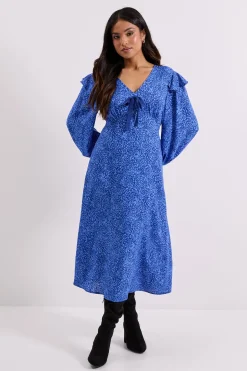 Robe Midaxi Imprimée Petite Taille Bleue à Détail Nœud Contrastant et Volants Motif Animal