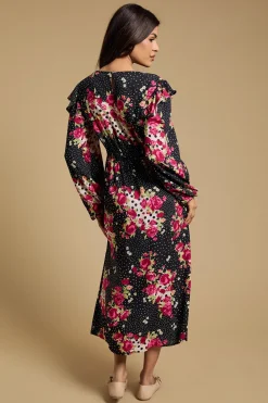 Robe Midaxi Imprimée à Volants avec Détail Nœud Contrastant et Motif Floral Patchwork Petite Taille