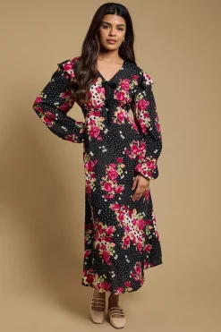 Robe Midaxi Imprimée à Volants avec Détail Nœud Contrastant et Motif Floral Patchwork Petite Taille