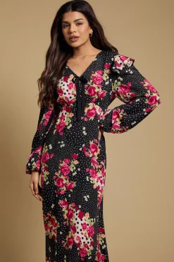 Robe Midaxi Imprimée à Volants avec Détail Nœud Contrastant et Motif Floral Patchwork Petite Taille