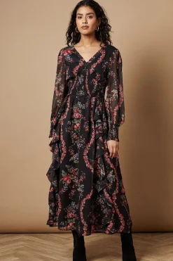 Robe Midaxi à Imprimé Floral avec Détails Volantés et Taille Froncée Petite