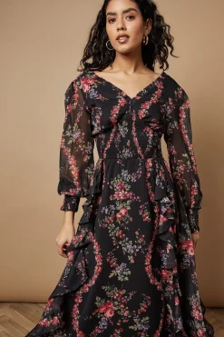Robe Midaxi à Imprimé Floral avec Détails Volantés et Taille Froncée Petite