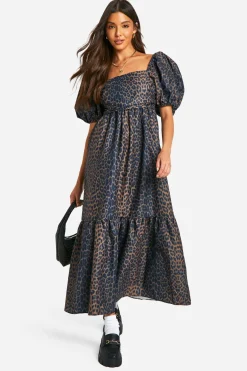 boohoo Robe midaxi à manches bouffantes volumineuses imprimé léopard<Femme Robes|Imprimé Léopard