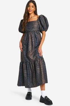 boohoo Robe midaxi à manches bouffantes volumineuses imprimé léopard<Femme Robes|Imprimé Léopard