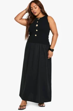 Robe midaxi à manches cap, en mélange de popeline côtelée avec bordure dorée