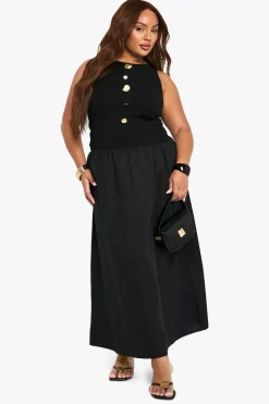 Robe midaxi à manches cap, en mélange de popeline côtelée avec bordure dorée