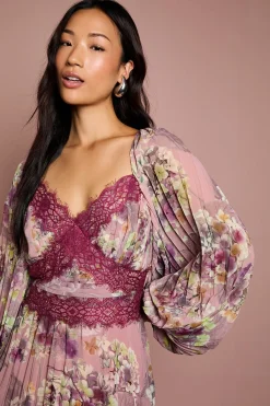 Coast Robe Midaxi à Manches Longues avec Plis et Finitions en Dentelle<Femme Satin Et Dentelle|Robes