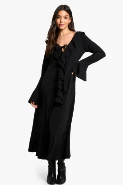 boohoo Robe Midaxi à Manches Longues Texturée à Volants<Femme Toutes Les Robes|Robes À Manches Longues