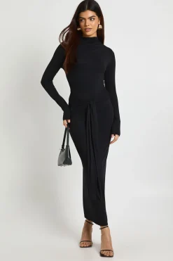 boohoo Robe Midaxi Manches Longues à Taille Nouée Effet Chiné<Femme Robes Moulantes|Robes À Manches Longues