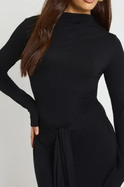 boohoo Robe Midaxi Manches Longues à Taille Nouée Effet Chiné<Femme Robes Moulantes|Robes À Manches Longues
