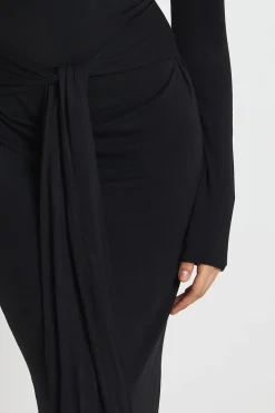 boohoo Robe Midaxi Manches Longues à Taille Nouée Effet Chiné<Femme Robes Moulantes|Robes À Manches Longues