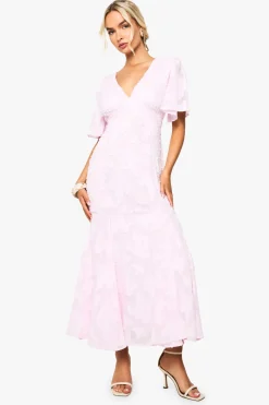 Robe Midaxi à Manches Évasées et Motif Floral Dévoré