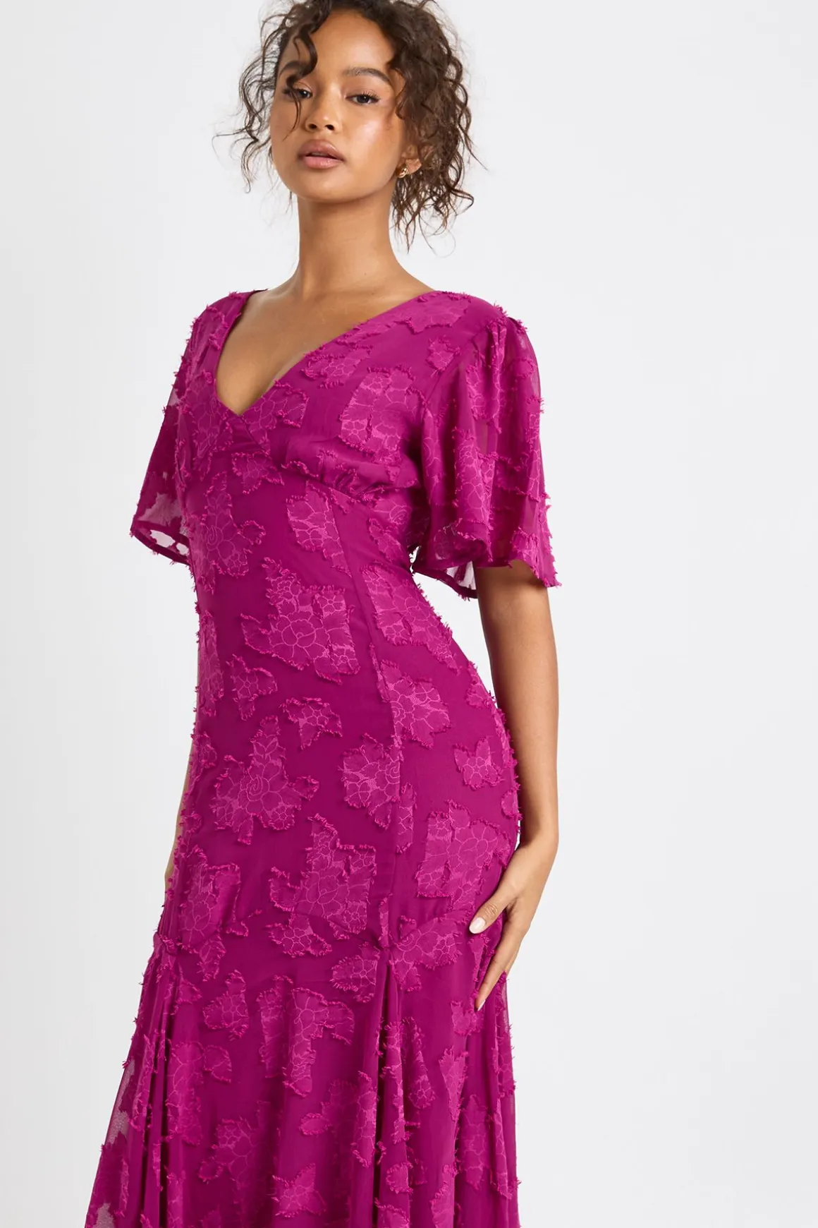 Robe Midaxi à Manches Évasées et Motif Floral Dévoré
