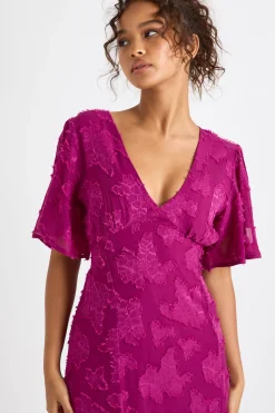 Robe Midaxi à Manches Évasées et Motif Floral Dévoré