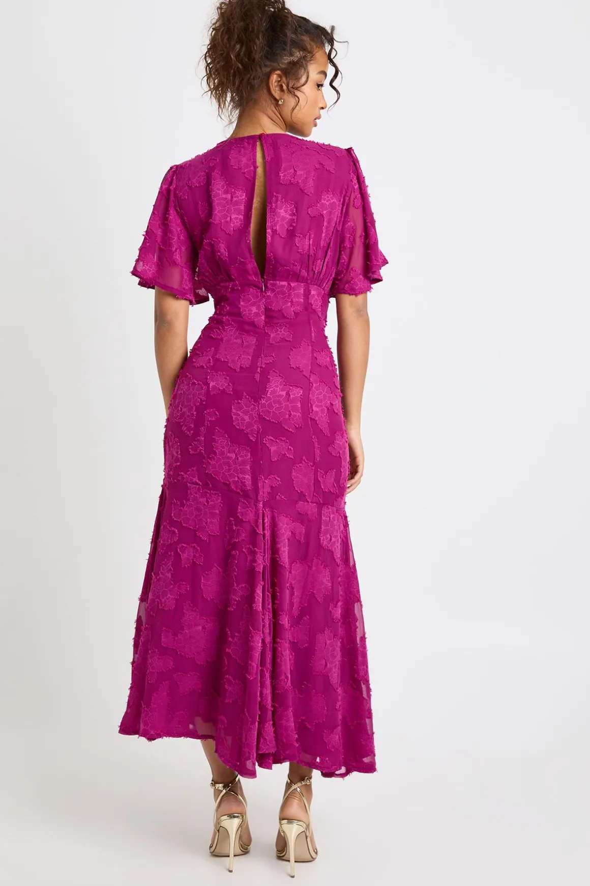 Robe Midaxi à Manches Évasées et Motif Floral Dévoré