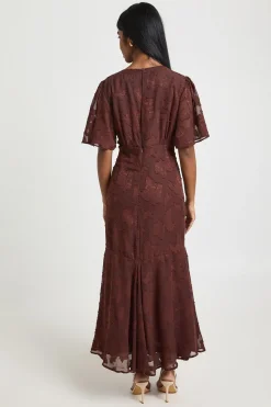 boohoo Robe Midaxi à Manches Évasées Motif Floral Dévoré<Femme Looks Chocolat|Robes Patineuses