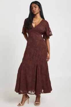 boohoo Robe Midaxi à Manches Évasées Motif Floral Dévoré<Femme Looks Chocolat|Robes Patineuses
