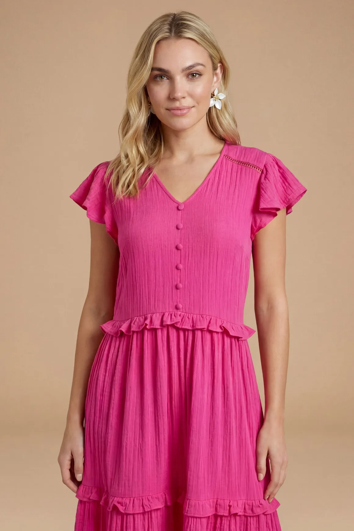 Robe Midaxi À Manches À Volants Et Boutonnage Devant