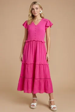 Robe Midaxi À Manches À Volants Et Boutonnage Devant