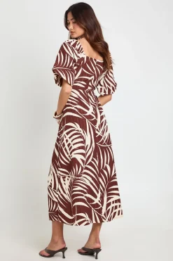 boohoo Robe Midaxi À Manches Volumineuses Et Imprimé Palmier Texturé<Femme Toutes Les Robes|Robes Patineuses
