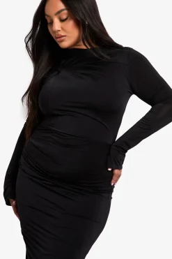 boohoo Robe Midaxi Moulante Double Couche avec Détail Nœud et Fronces Plus<Femme Robes Moulantes|Robes À Manches Longues