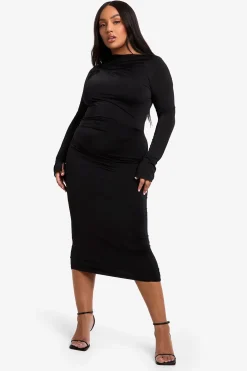 boohoo Robe Midaxi Moulante Double Couche avec Détail Nœud et Fronces Plus<Femme Robes Moulantes|Robes À Manches Longues