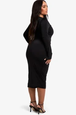 boohoo Robe Midaxi Moulante Double Couche avec Détail Nœud et Fronces Plus<Femme Robes Moulantes|Robes À Manches Longues
