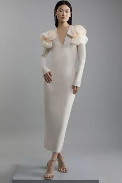 Robe Midaxi Moulante en Maille avec Détail d'Épaules à Volants en Soie