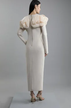 Robe Midaxi Moulante en Maille avec Détail d'Épaules à Volants en Soie