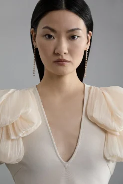 Robe Midaxi Moulante en Maille avec Détail d'Épaules à Volants en Soie