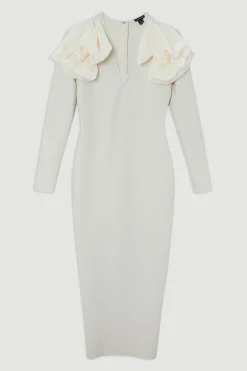Robe Midaxi Moulante en Maille avec Détail d'Épaules à Volants en Soie