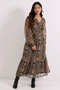 Robe Midaxi Petite à Imprimé Léopard avec Corsage Plissé, Col à Volants et Manches Bouffantes
