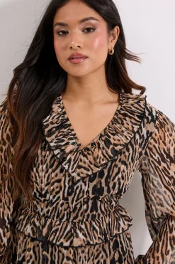 Robe Midaxi Petite à Imprimé Léopard avec Corsage Plissé, Col à Volants et Manches Bouffantes