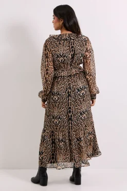 Robe Midaxi Petite à Imprimé Léopard avec Corsage Plissé, Col à Volants et Manches Bouffantes