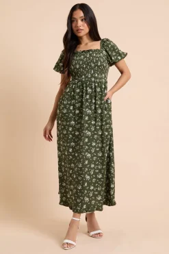 Robe Midaxi Petite À Motif Floral Vert Avec Corsage Froncé Et Détails De Finition