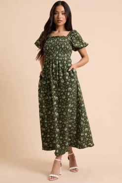Robe Midaxi Petite À Motif Floral Vert Avec Corsage Froncé Et Détails De Finition