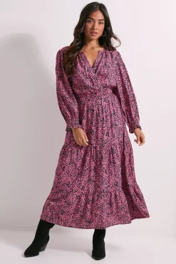Dorothy Perkins Robe Midaxi Petite Rose à Imprimé ier avec Jupe Étagée et Devant Croisé<Femme Toutes Les Robes|Robes Mi-Longues