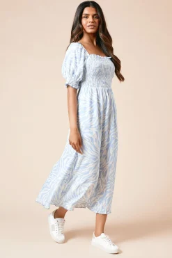 Robe Midaxi Petite Taille Bleue À Buste Froncé Avec Détails De Finition