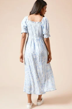 Robe Midaxi Petite Taille Bleue À Buste Froncé Avec Détails De Finition