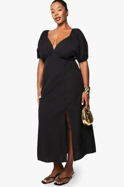 boohoo Robe Midaxi Plus en Imitation de Lin avec dos noué et manches bouffantes<Femme Toutes Les Robes|Robes Patineuses