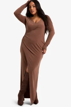 boohoo Robe midaxi portefeuille à col et à taille froncée grande taille<Femme Robes À Manches Longues|Robes