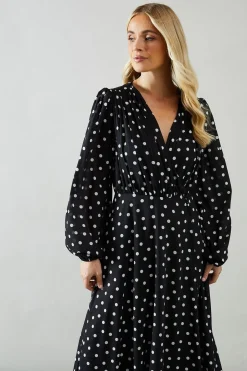 Robe Midaxi Portefeuille en Mousseline à Petits Pois