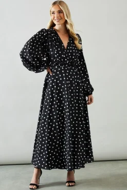 Robe Midaxi Portefeuille en Mousseline à Petits Pois