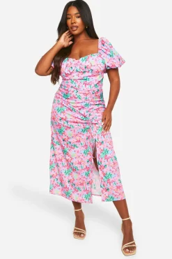 Robe midaxi pour grandes tailles en tissu tissé à motifs floraux discrets et froncée